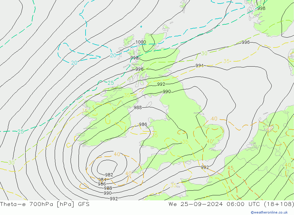 Theta-e 700hPa GFS wo 25.09.2024 06 UTC