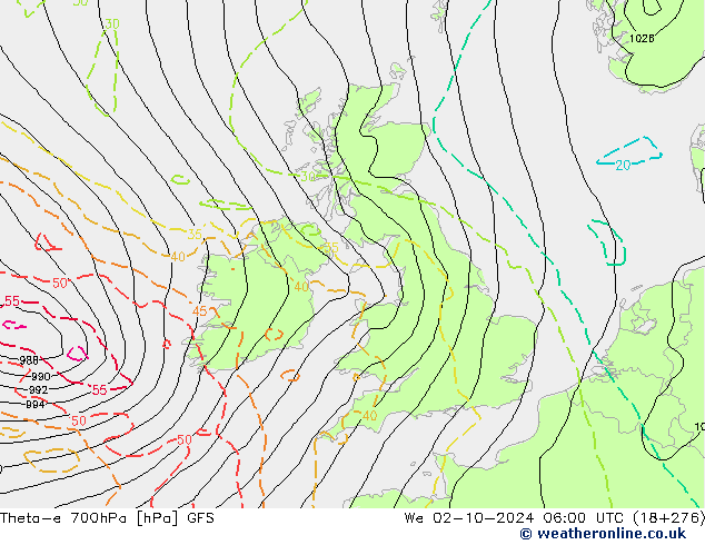 Theta-e 700hPa GFS We 02.10.2024 06 UTC