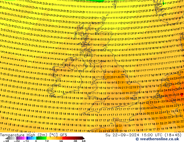 Темпер. макс 2т GFS Вс 22.09.2024 15 UTC