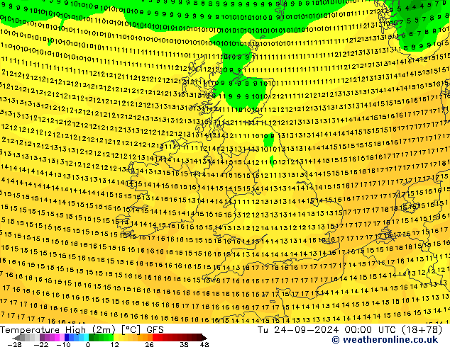 Темпер. макс 2т GFS вт 24.09.2024 00 UTC