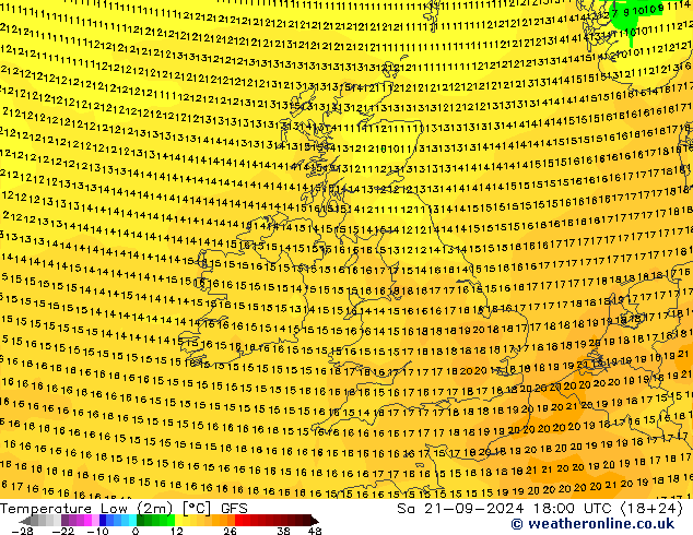 Nejnižší teplota (2m) GFS So 21.09.2024 18 UTC