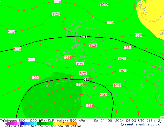 Espesor 500-1000 hPa GFS sáb 21.09.2024 06 UTC