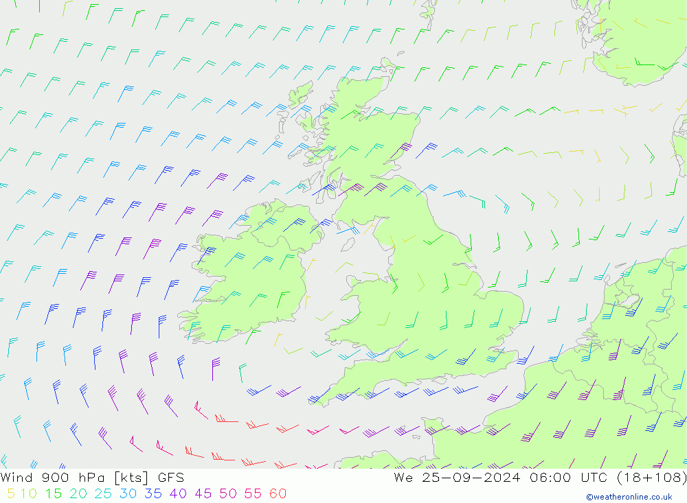 Wind 900 hPa GFS Mi 25.09.2024 06 UTC