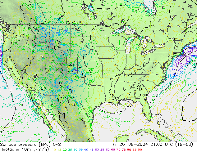 Isotachs (kph) GFS Pá 20.09.2024 21 UTC