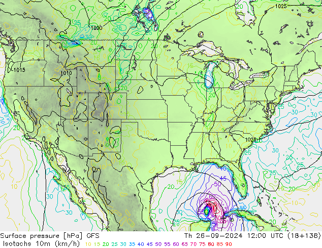 Isotachen (km/h) GFS do 26.09.2024 12 UTC