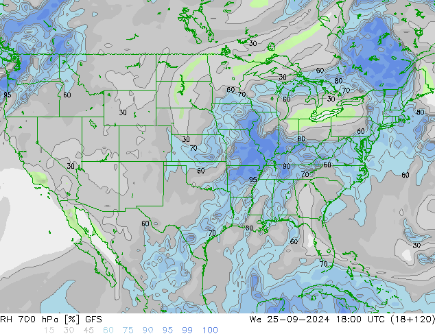 RH 700 hPa GFS We 25.09.2024 18 UTC