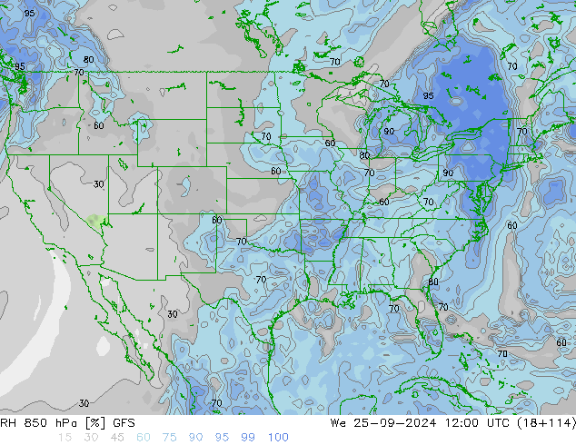 Humidité rel. 850 hPa GFS mer 25.09.2024 12 UTC