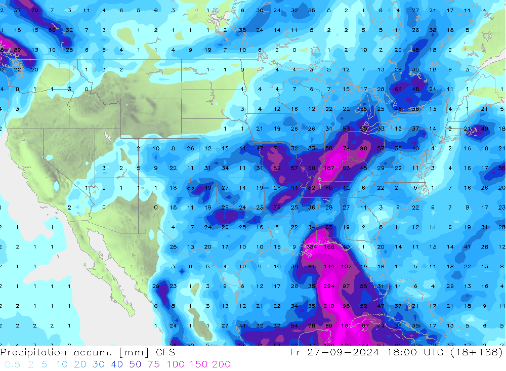 Totale neerslag GFS vr 27.09.2024 18 UTC