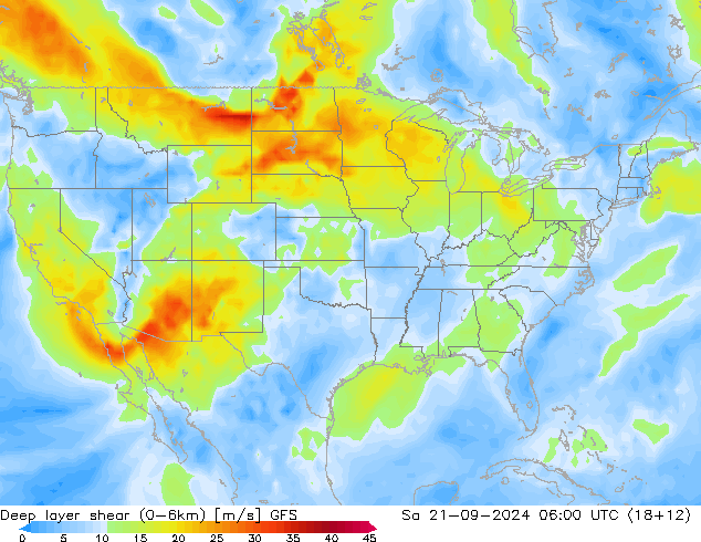 Deep layer shear (0-6km) GFS Sa 21.09.2024 06 UTC