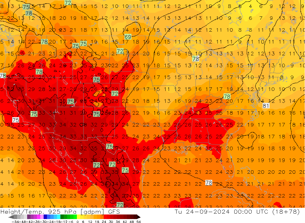 Height/Temp. 925 hPa GFS Út 24.09.2024 00 UTC