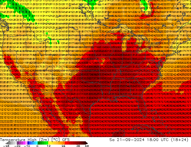 Temperature High (2m) GFS Sa 21.09.2024 18 UTC