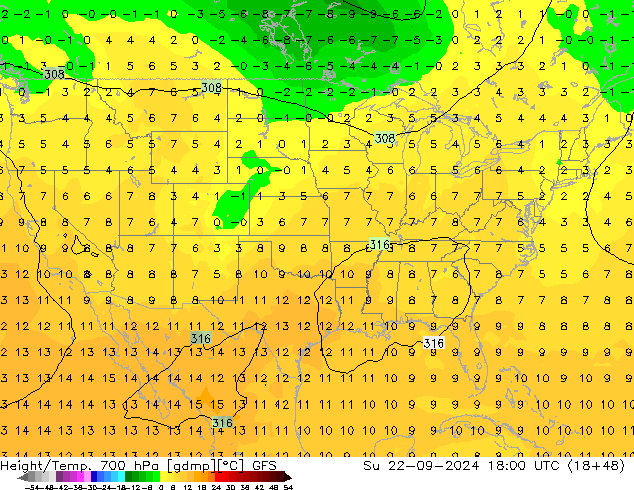 Height/Temp. 700 hPa GFS So 22.09.2024 18 UTC