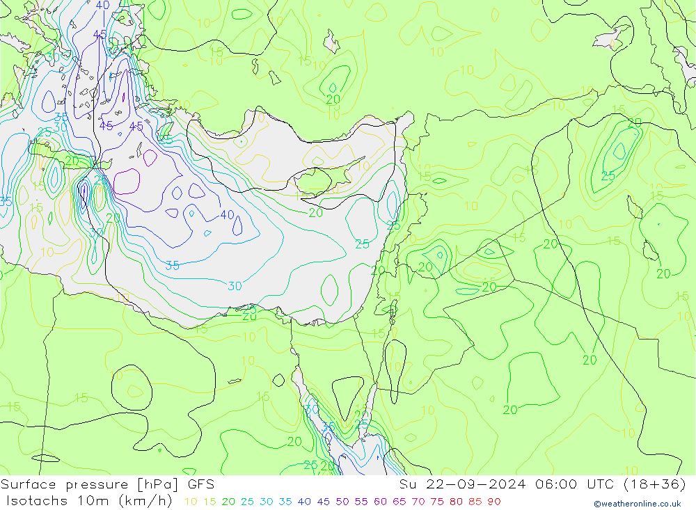 Isotachs (kph) GFS Su 22.09.2024 06 UTC