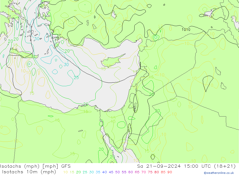 Isotachs (mph) GFS Sáb 21.09.2024 15 UTC