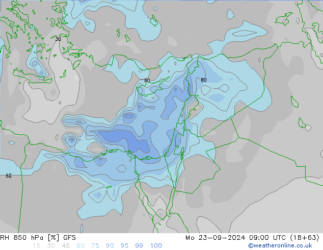 RH 850 hPa GFS pon. 23.09.2024 09 UTC