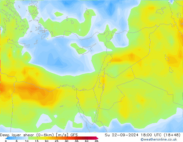 Deep layer shear (0-6km) GFS Paz 22.09.2024 18 UTC