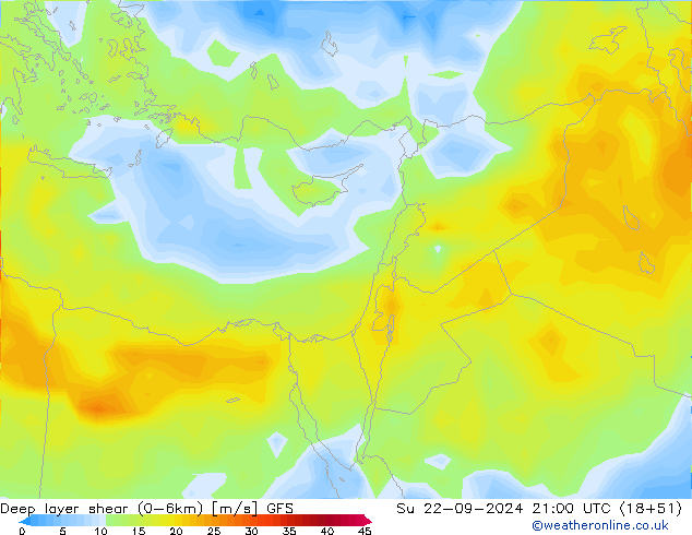 Deep layer shear (0-6km) GFS dom 22.09.2024 21 UTC