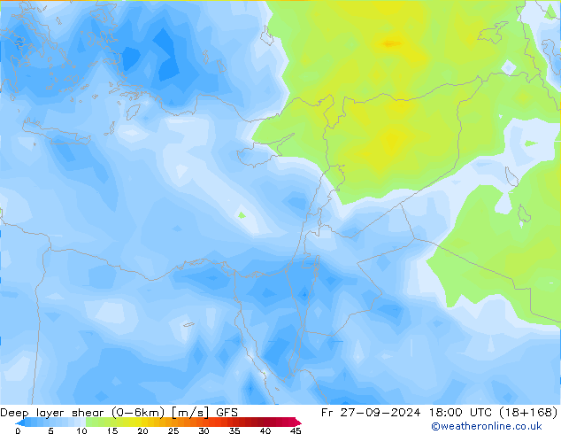 Deep layer shear (0-6km) GFS Fr 27.09.2024 18 UTC