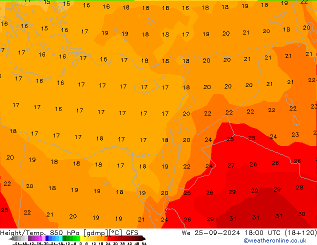 Geop./Temp. 850 hPa GFS mié 25.09.2024 18 UTC