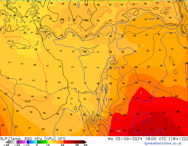 SLP/Temp. 850 hPa GFS We 25.09.2024 18 UTC