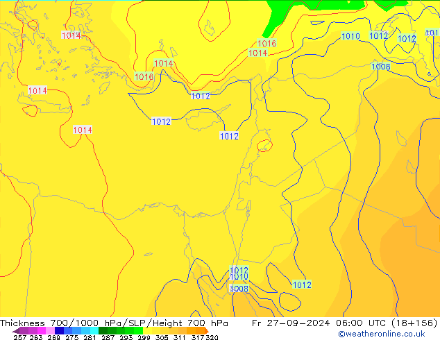 Dikte700-1000 hPa GFS vr 27.09.2024 06 UTC