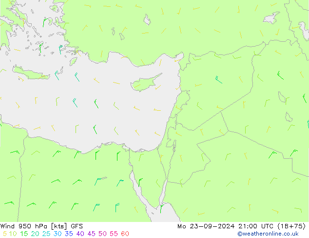 wiatr 950 hPa GFS pon. 23.09.2024 21 UTC