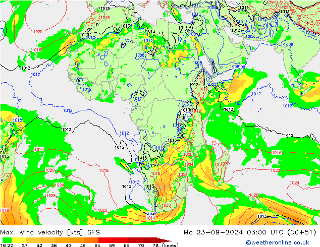 Max. wind snelheid GFS ma 23.09.2024 03 UTC