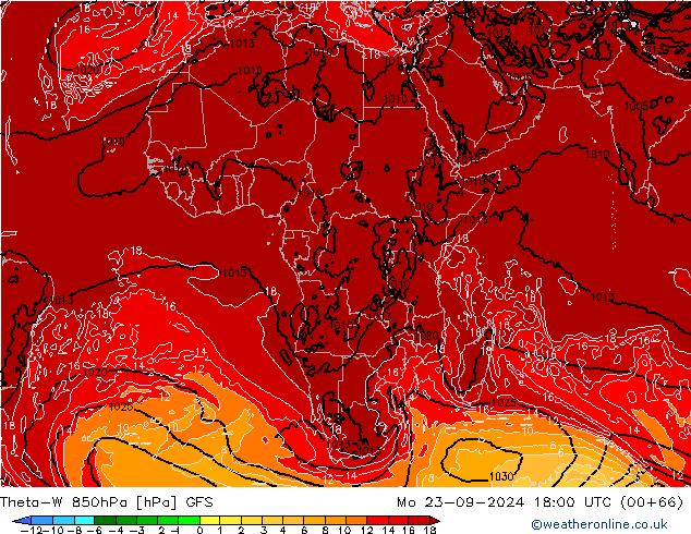 Theta-W 850гПа GFS пн 23.09.2024 18 UTC