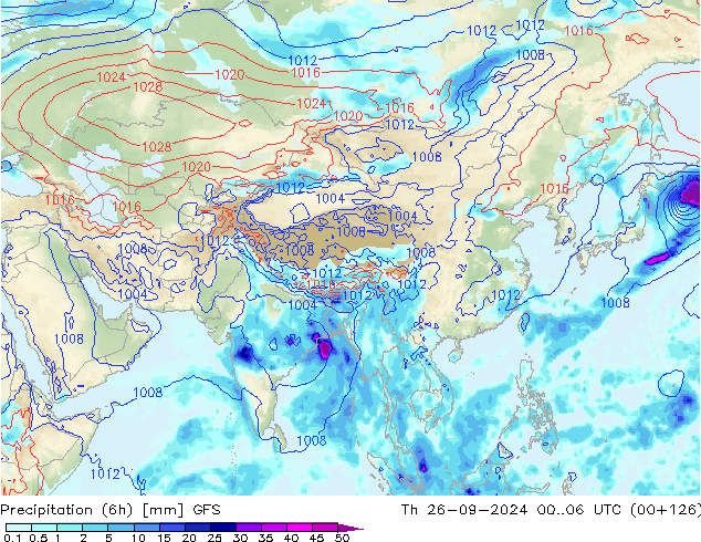 Precipitation (6h) GFS Th 26.09.2024 06 UTC