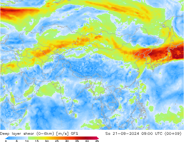 Deep layer shear (0-6km) GFS Sa 21.09.2024 09 UTC