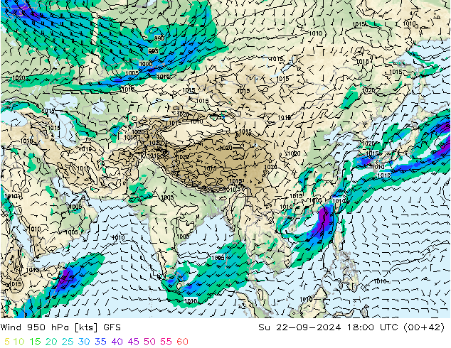 Rüzgar 950 hPa GFS Paz 22.09.2024 18 UTC