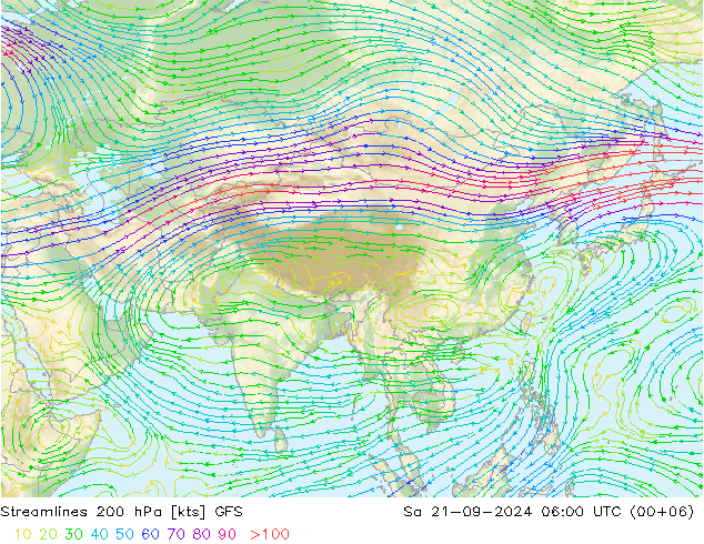 Streamlines 200 hPa GFS Sa 21.09.2024 06 UTC