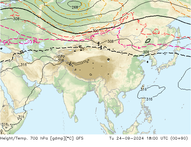 Height/Temp. 700 hPa GFS wto. 24.09.2024 18 UTC