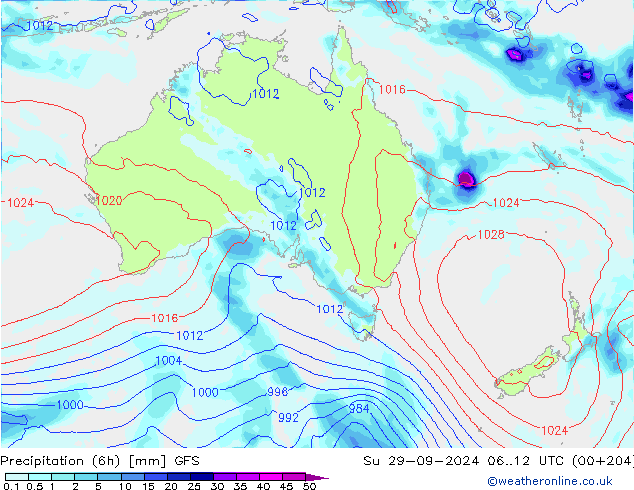 Totale neerslag (6h) GFS zo 29.09.2024 12 UTC