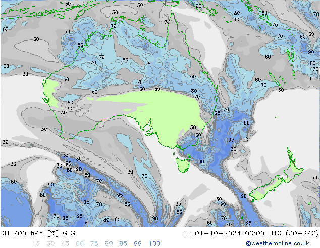 RH 700 hPa GFS Tu 01.10.2024 00 UTC