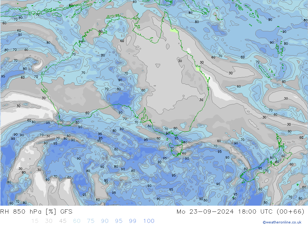 RH 850 hPa GFS Mo 23.09.2024 18 UTC