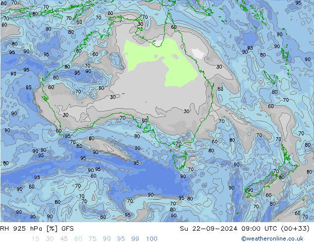 RH 925 hPa GFS Su 22.09.2024 09 UTC