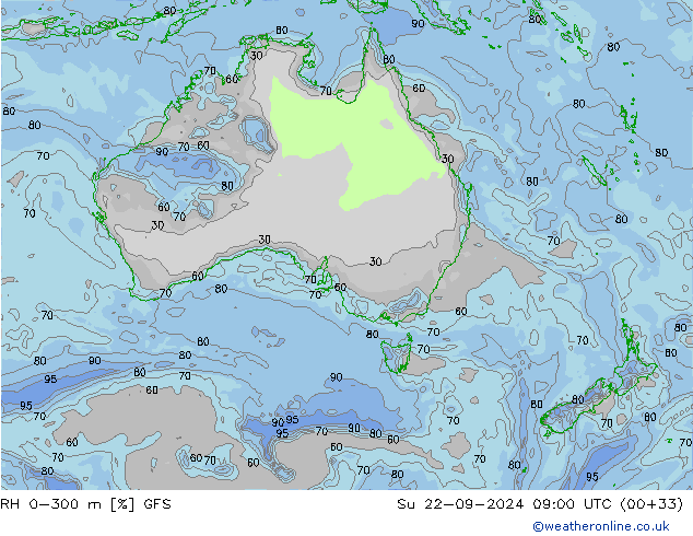 RH 0-300 m GFS Вс 22.09.2024 09 UTC