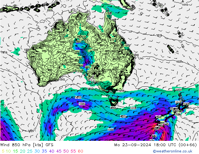 Vent 850 hPa GFS lun 23.09.2024 18 UTC