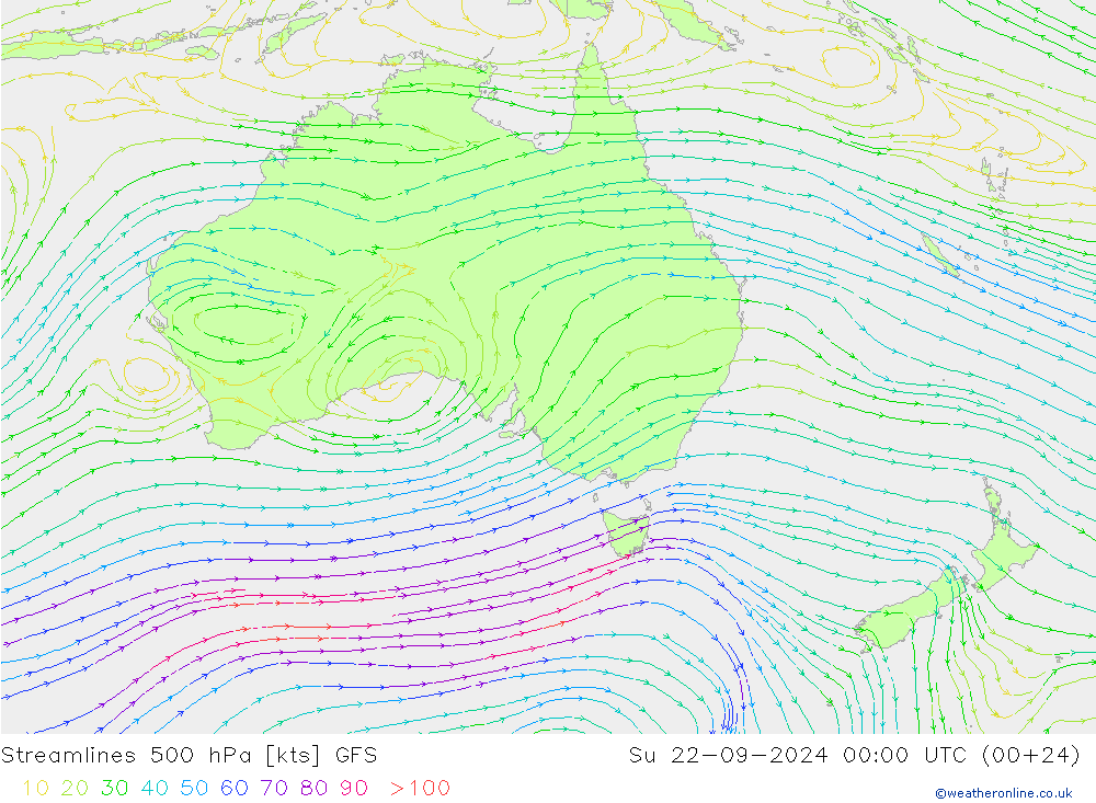 Linia prądu 500 hPa GFS nie. 22.09.2024 00 UTC