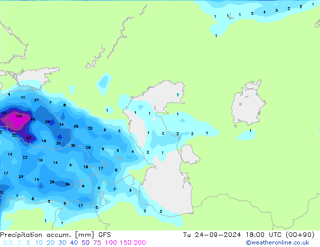 Precipitation accum. GFS Tu 24.09.2024 18 UTC