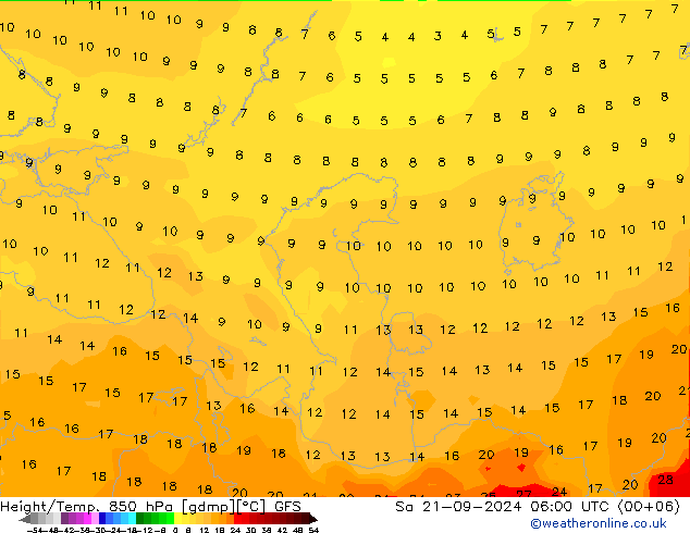 Geop./Temp. 850 hPa GFS sáb 21.09.2024 06 UTC