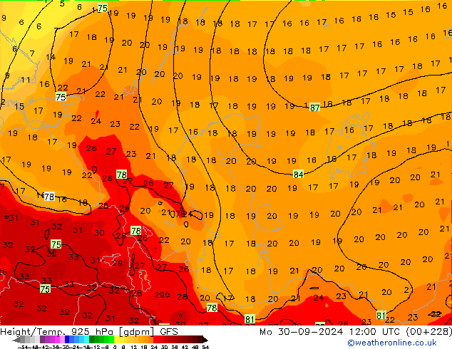 Height/Temp. 925 hPa GFS Mo 30.09.2024 12 UTC