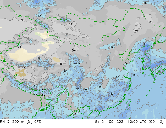 RH 0-300 m GFS 星期六 21.09.2024 12 UTC