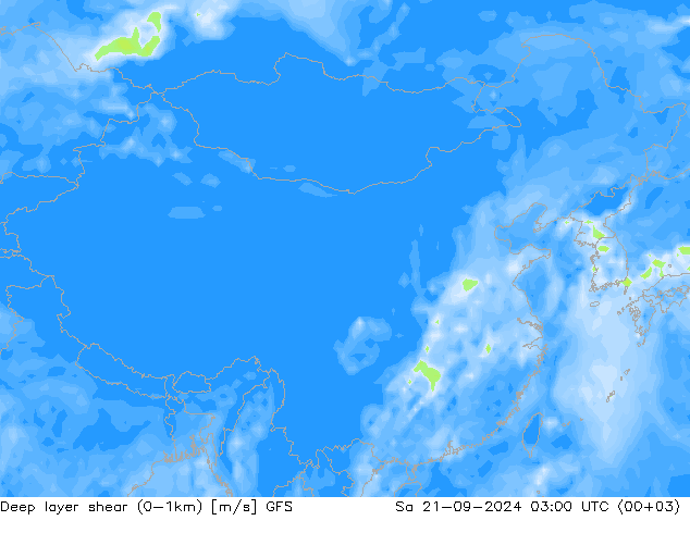 Deep layer shear (0-1km) GFS Sa 21.09.2024 03 UTC