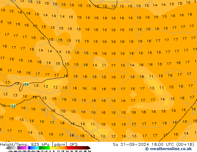 Height/Temp. 925 hPa GFS Sa 21.09.2024 18 UTC