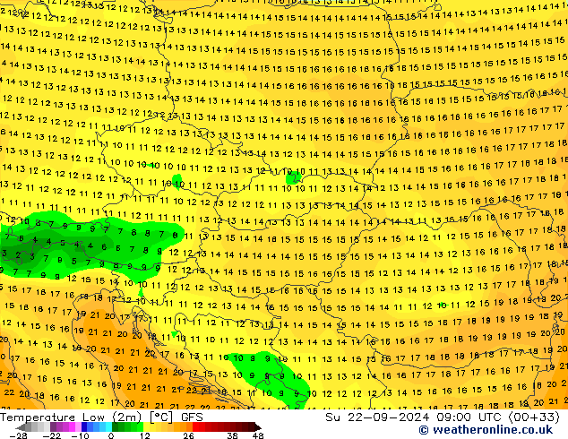 Temperatura mín. (2m) GFS dom 22.09.2024 09 UTC