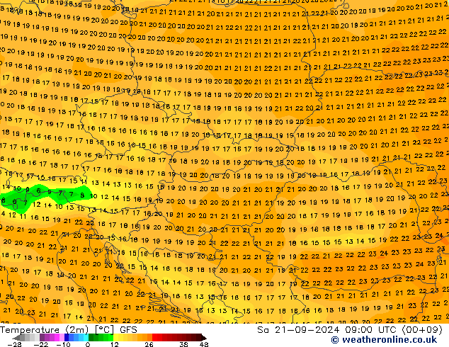 Temperature (2m) GFS So 21.09.2024 09 UTC