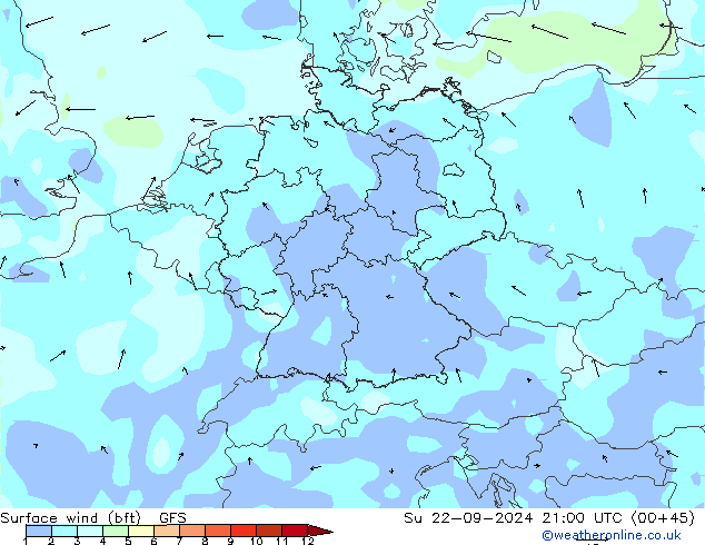 Vento 10 m (bft) GFS Dom 22.09.2024 21 UTC