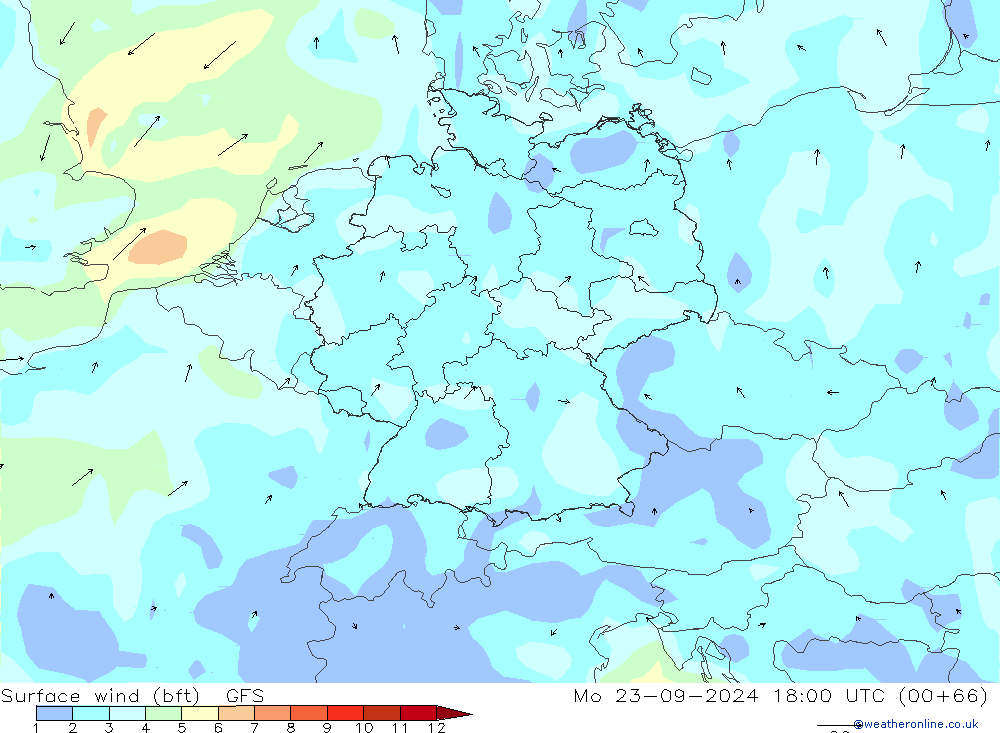 Surface wind (bft) GFS Mo 23.09.2024 18 UTC